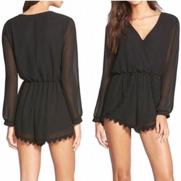 Astr Pants - ASTR Lace Trim Long Sleeve Romper in Black
